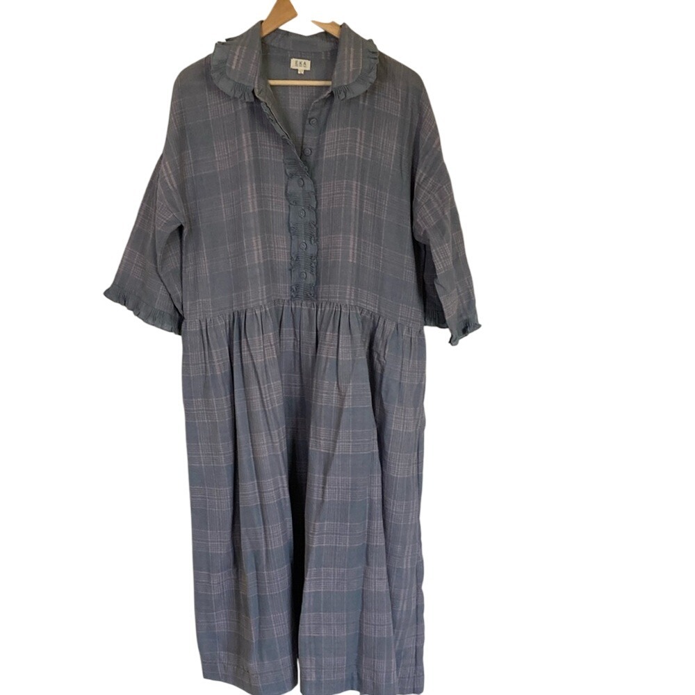 EKA Womens Gray Plaid Drop Waist‎ Dress Wool Size Large Elbow Sleeve Minimalist
